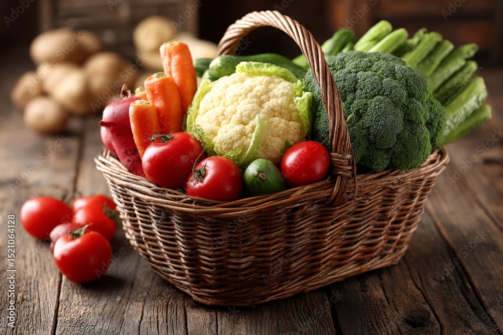 Poster freshly harvested vegetables arranged in a woven basket on a wooden table in a rustic setting