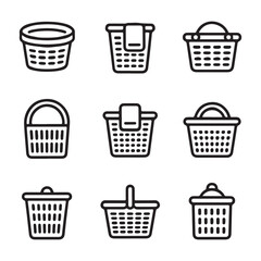 Laundry Basket Icon Set Collection. Collection of Outline Plastic Shopping Baskets
