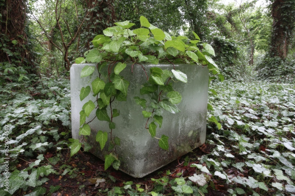 Poster green vines cascade over a cubic stone planter in a lush forest setting during a misty morning