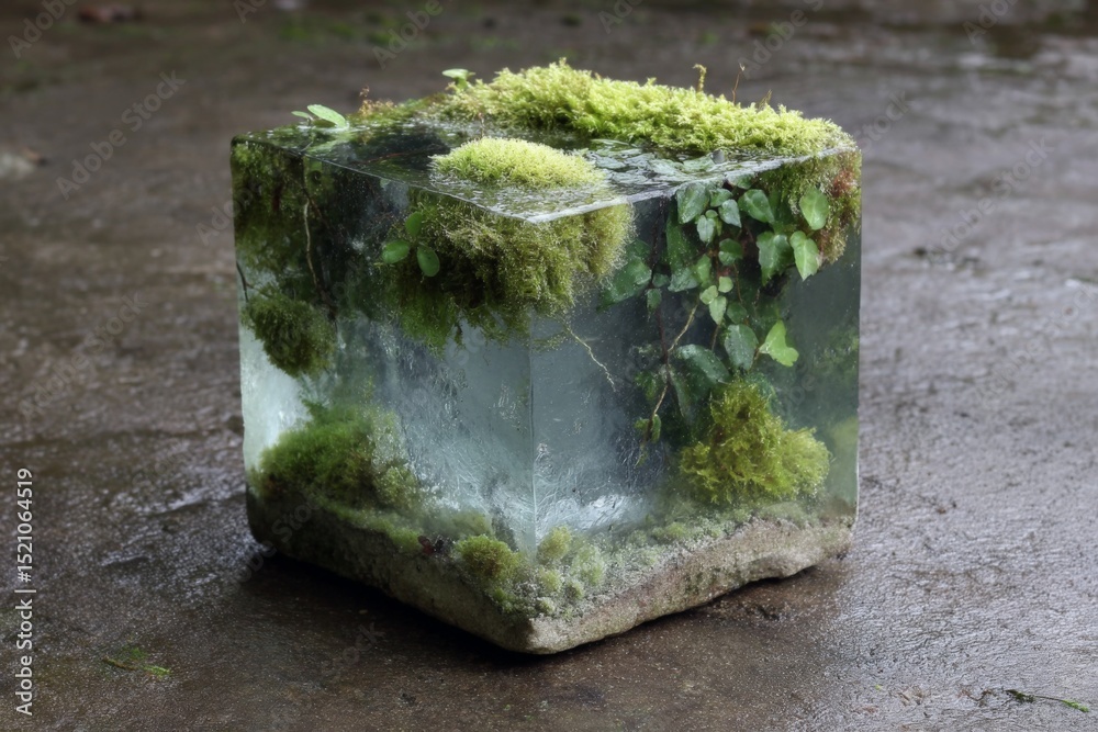 Poster unique art piece blending nature and ice showcases mossy scene within transparent block during dayli