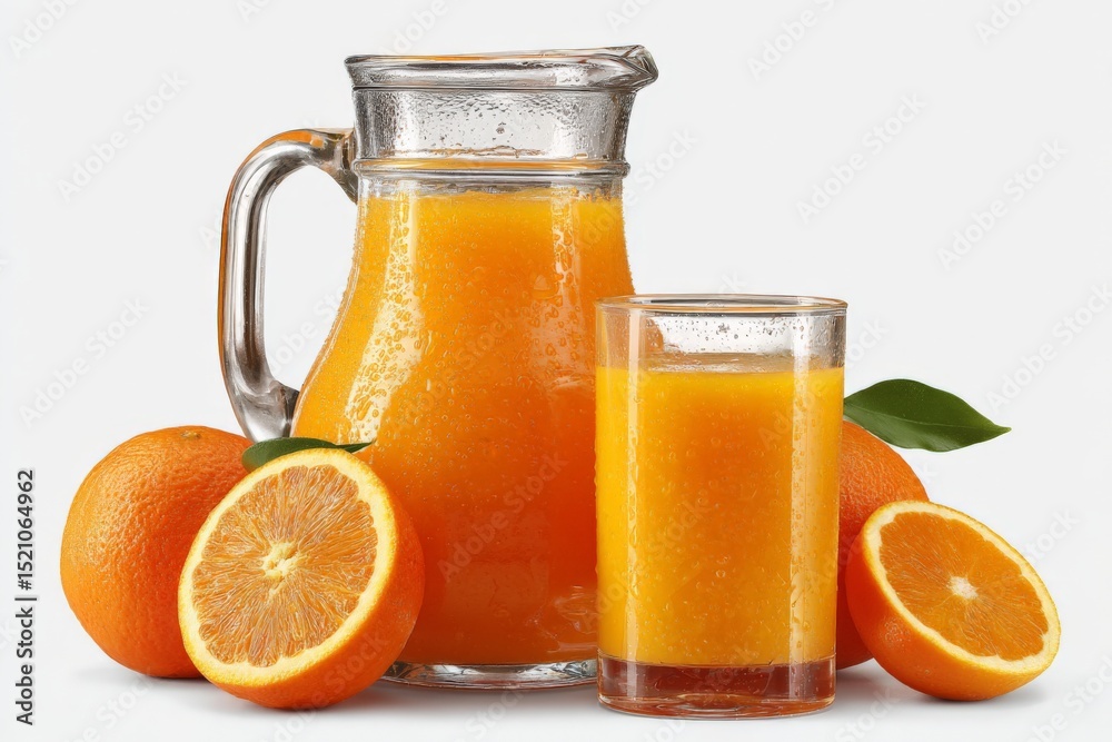 Poster freshly squeezed orange juice in a glass and pitcher surrounded by whole oranges