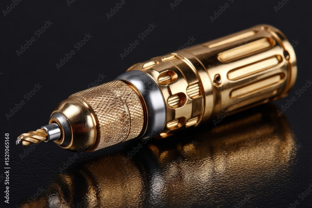 Poster intricate gold tattoo machine resting on a reflective black surface showcasing detailed craftsmanshi