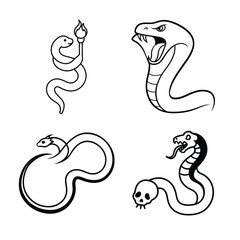A collection of four unique snake illustrations, each with distinct characteristics and styles.