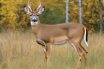 Whitetail Field. Wildlife Cervid in Autumn Grassland Nature Setting