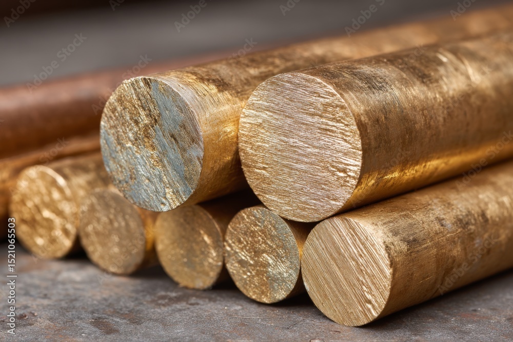 Poster golden round metal rods stacked on a workbench in a workshop showcasing various sizes and textures