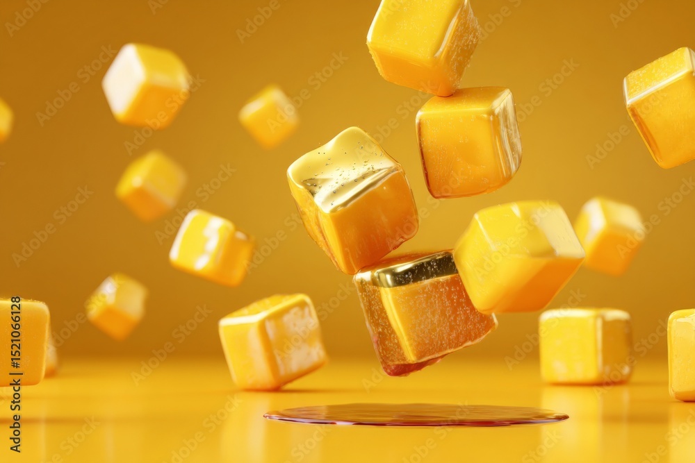 Poster floating yellow candy pieces create a vibrant display against a bright background, showcasing a play