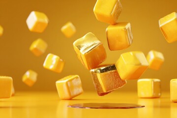 Floating yellow candy pieces create a vibrant display against a bright background, showcasing a playful confectionery theme