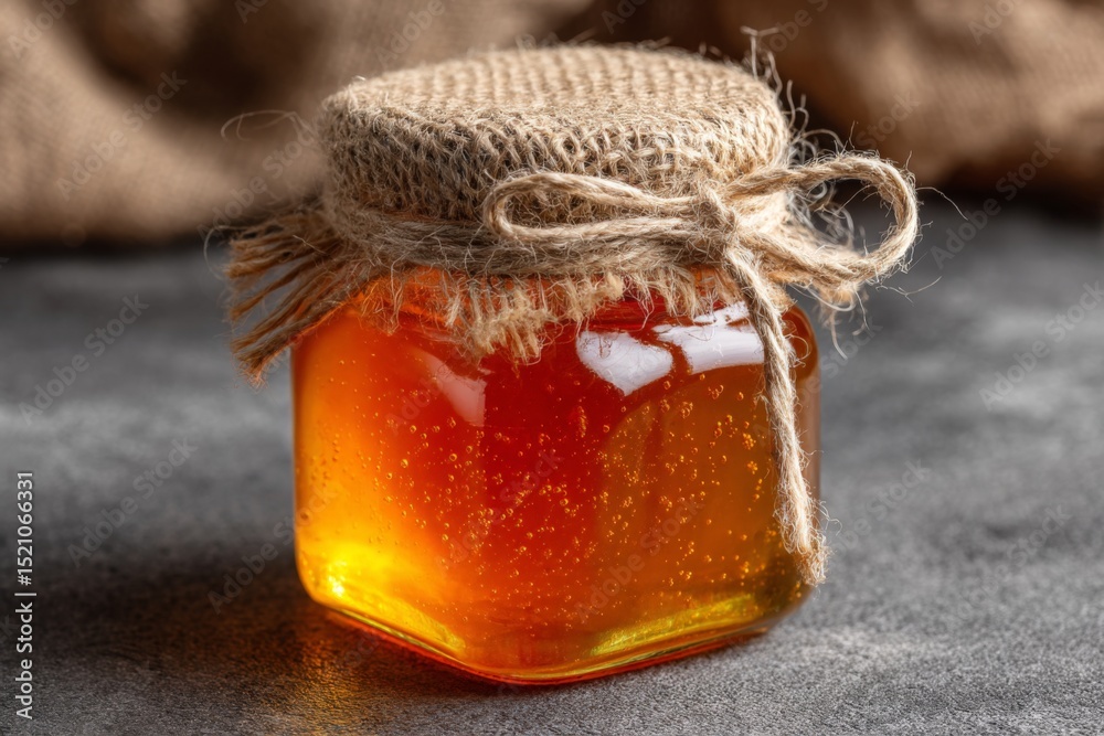 Poster golden honey jar with twine lid placed on a textured surface, showcasing its rich color and natural 