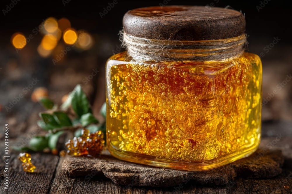 Poster golden honey jar with natural sparkles set against a rustic wooden background in warm lighting