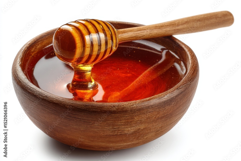 Poster delicious honey displayed in a wooden bowl with a honey dipper resting inside on a white background