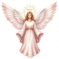 A watercolor illustration shows serene angel with large white wings and golden halo, wearing flowing gown gold detailing, against white background.