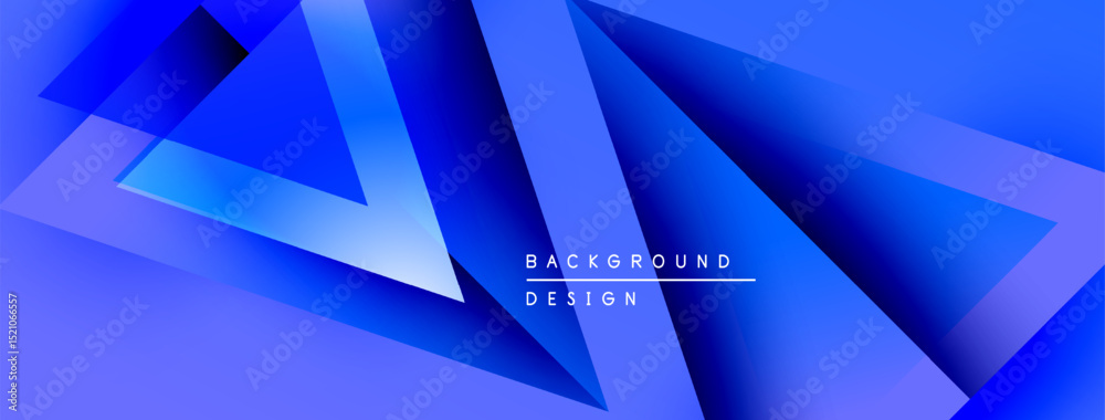 Poster abstract blue geometric shapes overlap, creating dynamic background. gradient shades enhance visual 