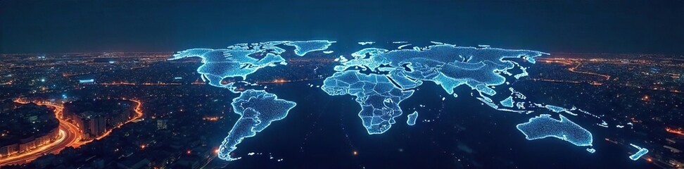 Global network of interconnected business nodes visualized as a futuristic cityscape at night, representing international commerce and digital connectivity , infrastructure, global, nodes