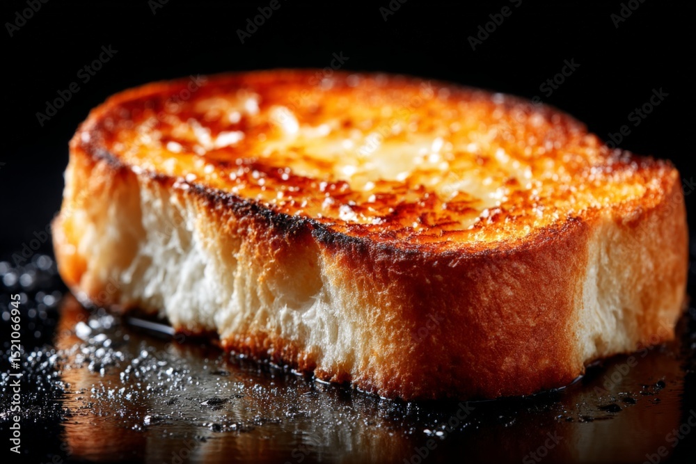 Poster golden brown toasted bread slice on a dark surface highlighting crispy texture and rich color