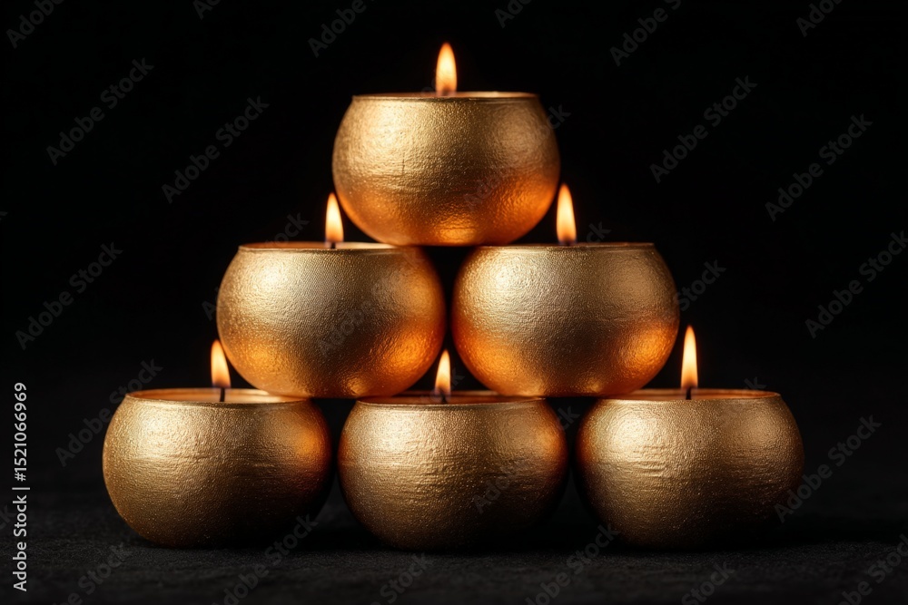 Aufkleber Golden candles arranged in a pyramid creating a warm glow in a dark setting during a tranquil evening