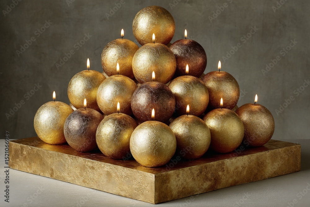Poster decorative pyramid made of golden spherical candles with flickering flames in an elegant display