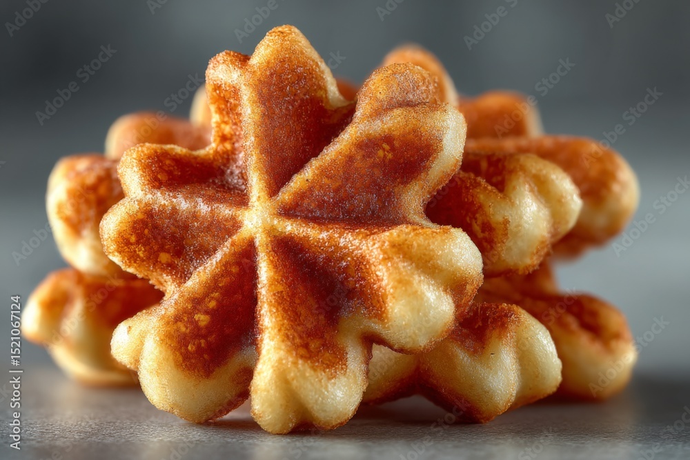 Poster Deliciously golden waffles stacked on a table, showcasing their intricate snowflake design during a cozy breakfast setting