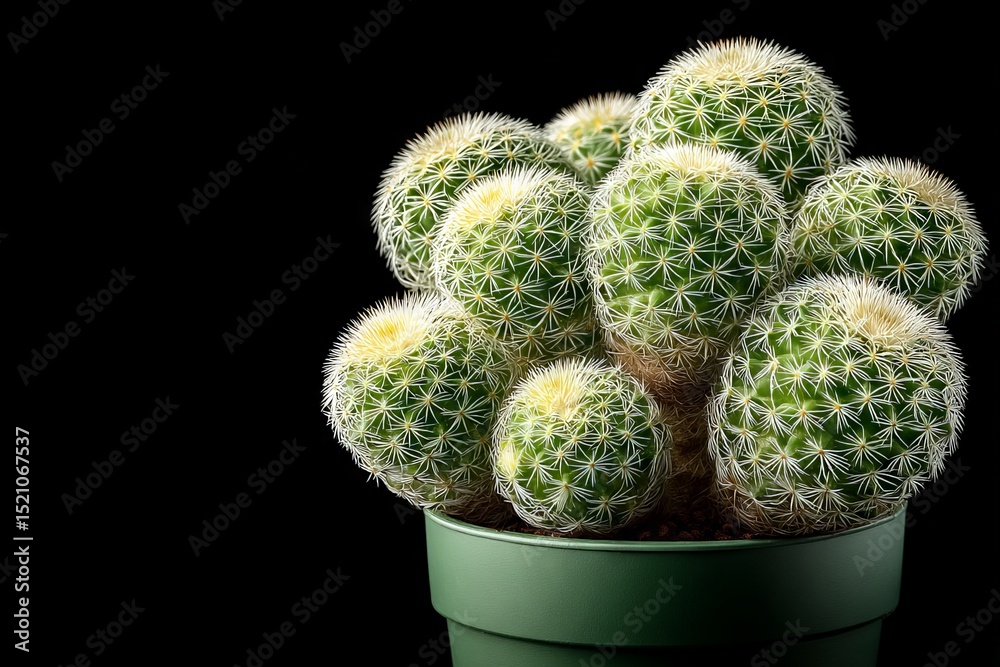 Poster Vibrant green cactus cluster in a simple pot against a dark background showcasing intricate textures and shapes