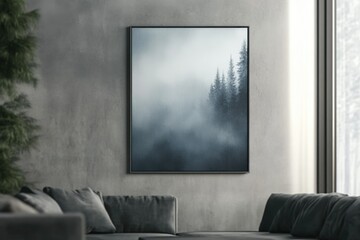 Misty forest scene, serene and tranquil, with tall trees shrouded in fog.