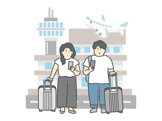 旅行中の若い男女  空港 飛行機 建物 イラスト