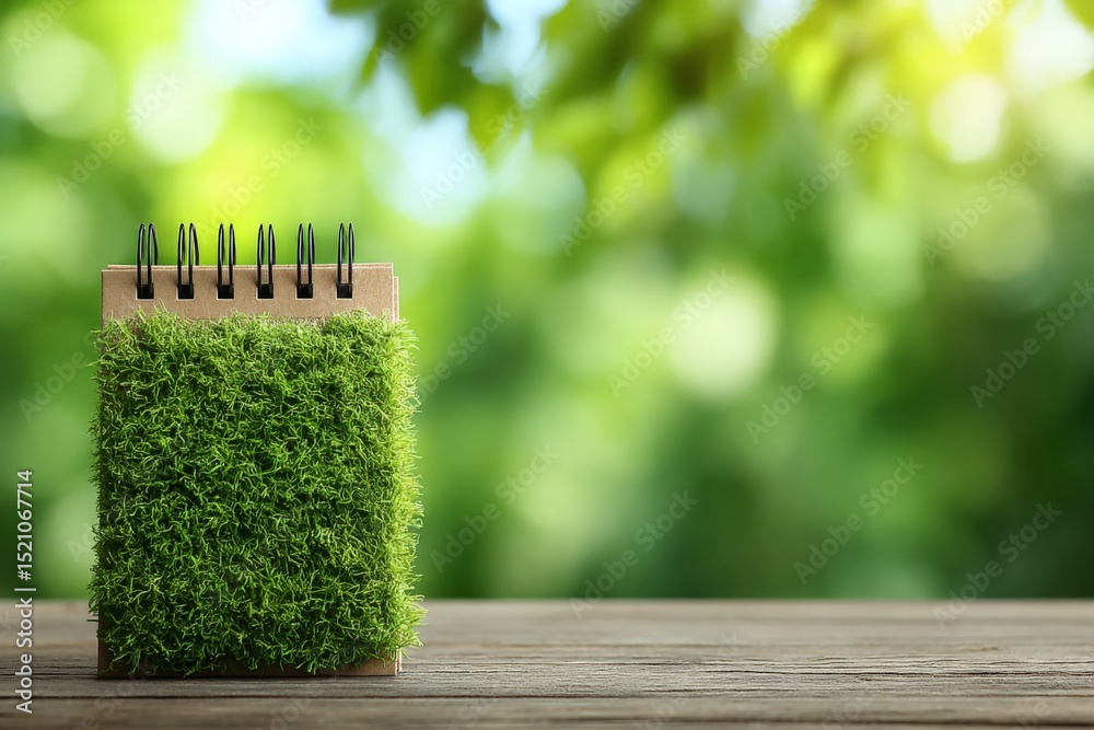 Poster Notebook made from recycled materials placed on a wooden table surrounded by greenery in natural light