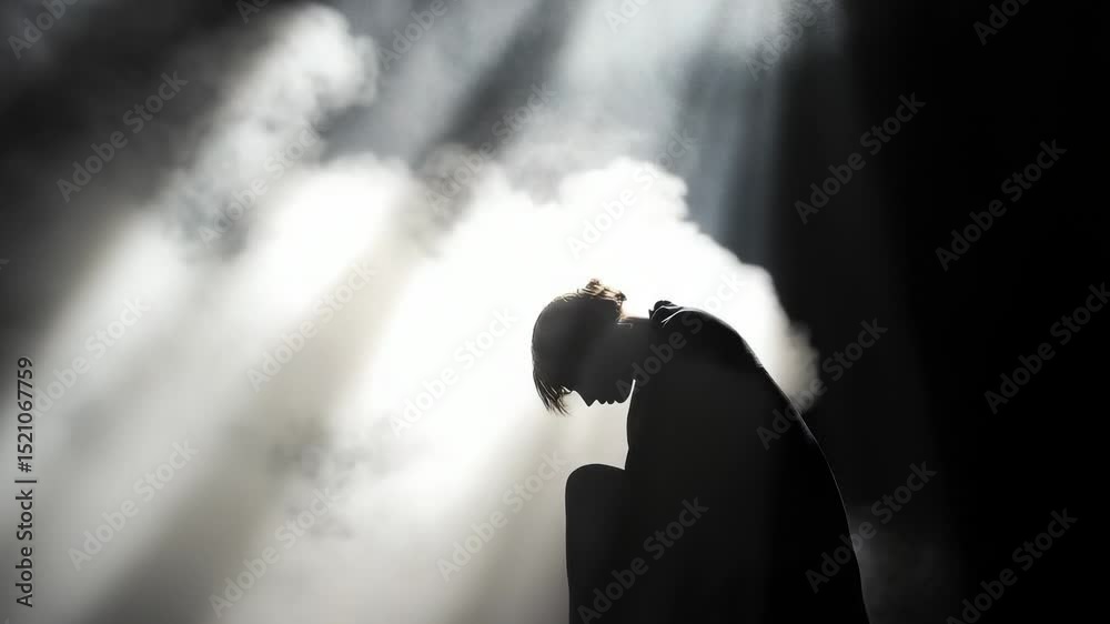 Poster a person sits on a chair in a dimly lit space, with shadows surrounding them