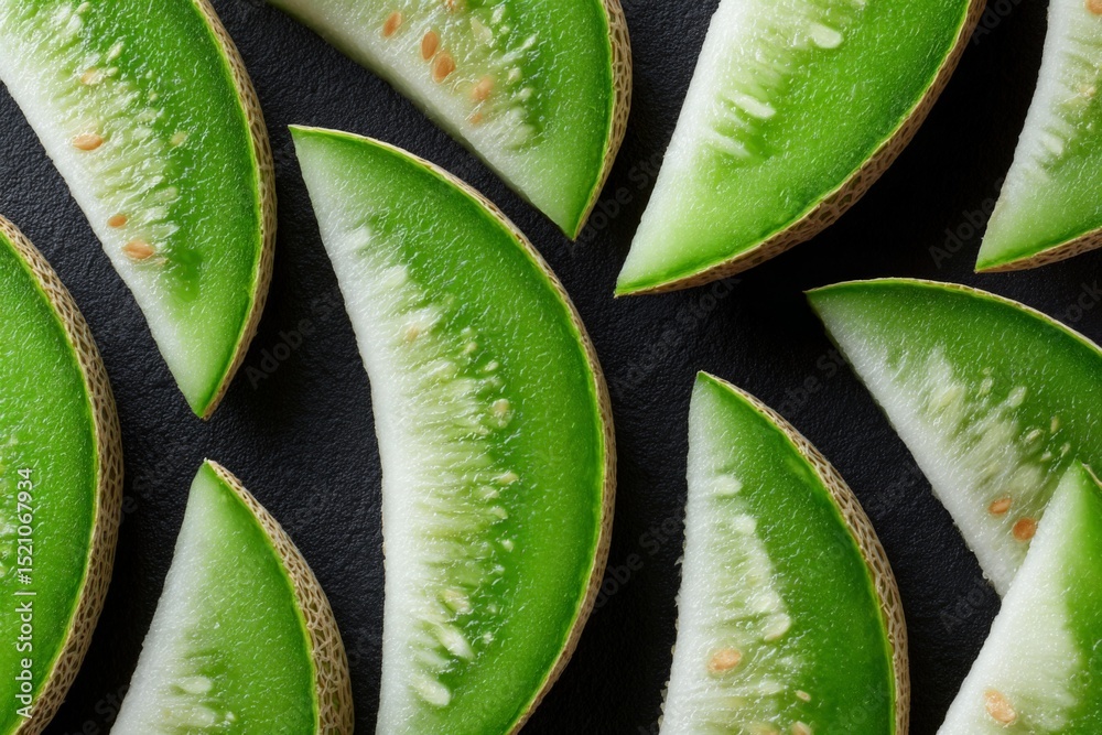 Poster Freshly cut green melon slices arranged neatly on a dark surface in a tempting display for summer snacks