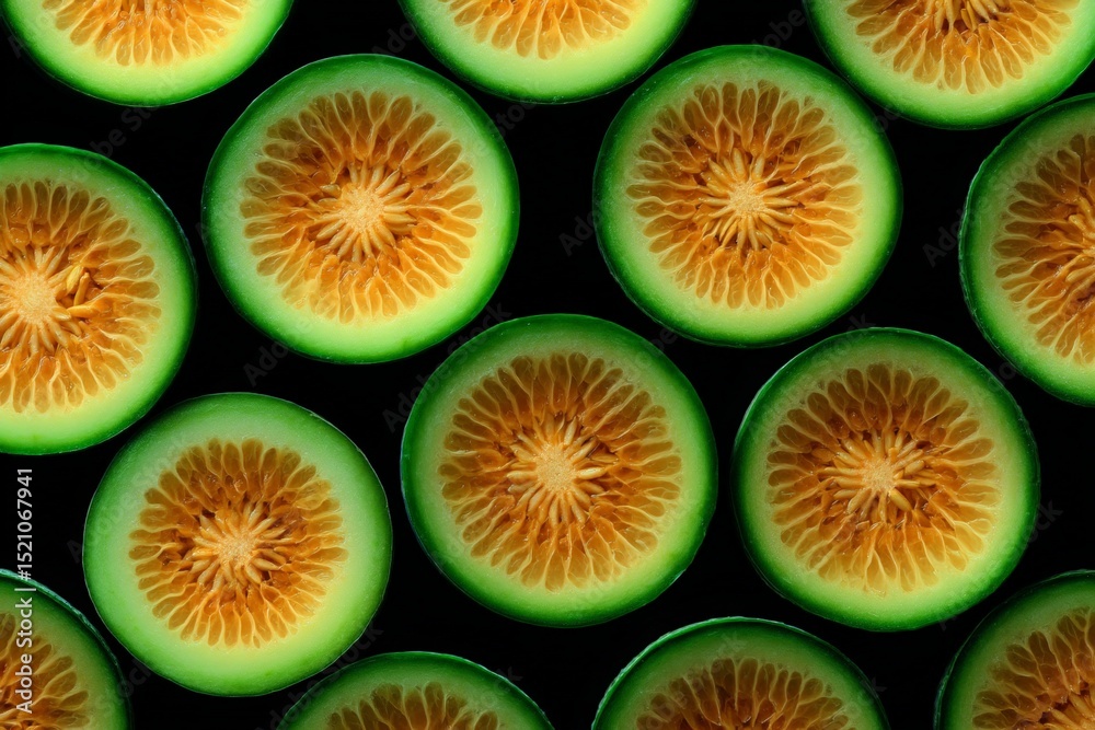 Poster Slices of green melon with intricate patterns displayed on a dark background during a culinary presentation