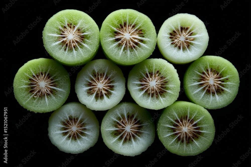 Poster Sliced green kiwifruit arranged in a visually striking pattern on a black background