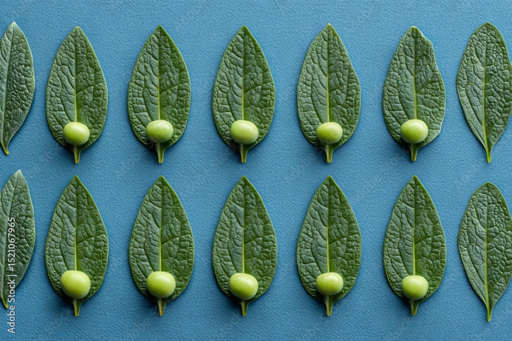 Poster green leaves arranged with small round fruits on a blue background showcasing natural patterns and t