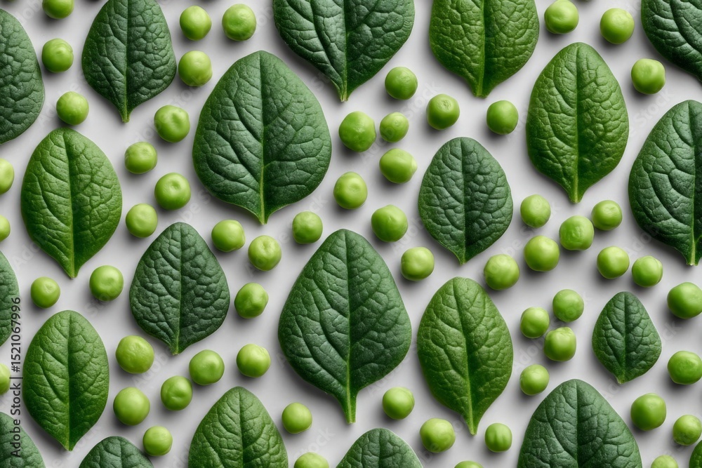 Poster green leaves and peas arranged in a geometric pattern on a light background