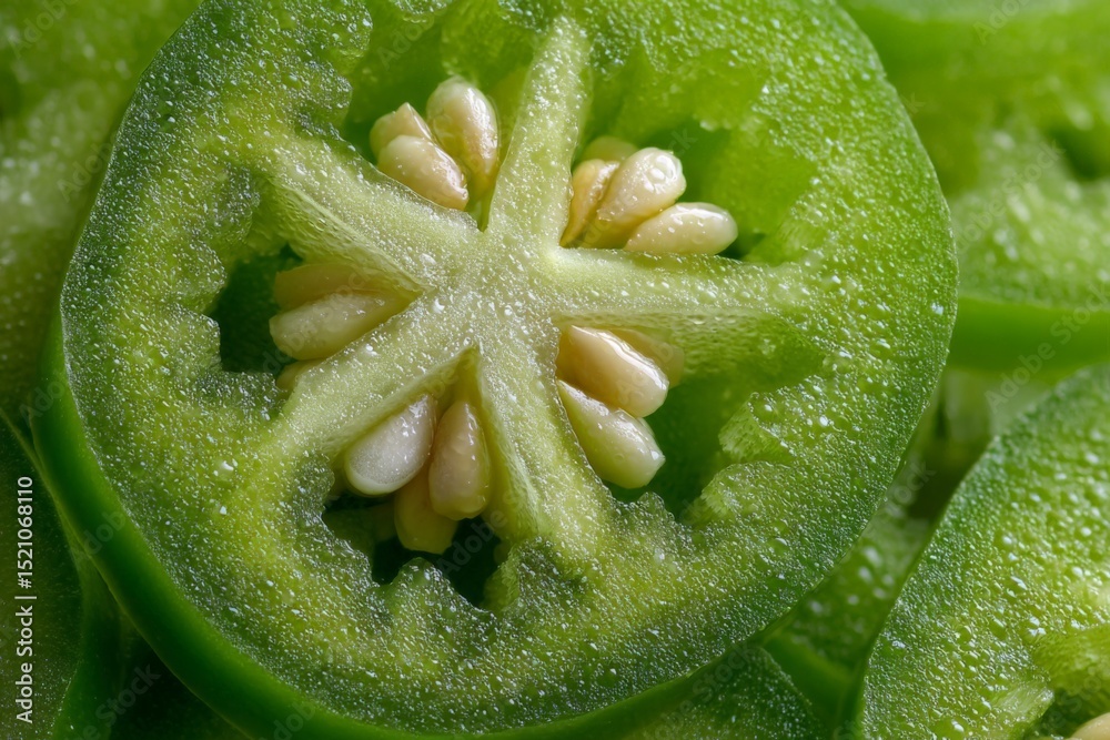 Poster sliced green jalapeno pepper revealing seeds and texture in close-up display of freshness