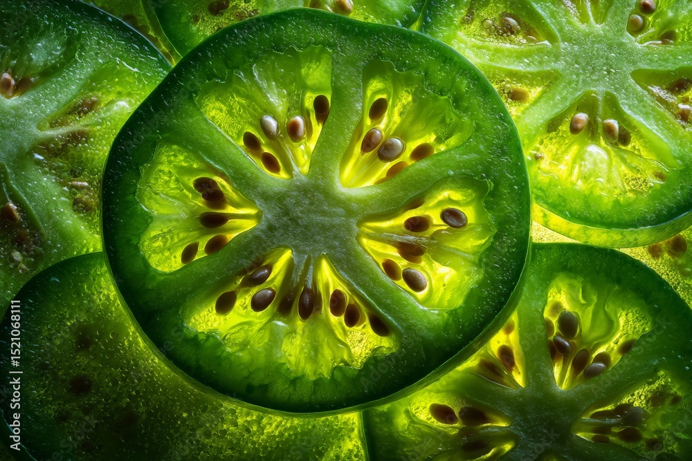 Poster close-up of vibrant green okra slices showcasing intricate patterns and textures under bright light