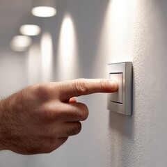 Close-up of a hand adjusting a dimmer switch, creating a warm ambient glow from recessed lights in a cozy interior setting.