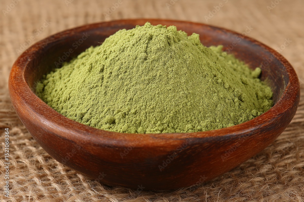 Poster Green powder displayed in a rustic bowl showcasing its texture and vibrant color in a natural setting