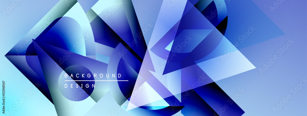 Fototapete Abstract geometric shapes overlap, creating dynamic blue gradient background. Modern design elements suggest technology, innovation.