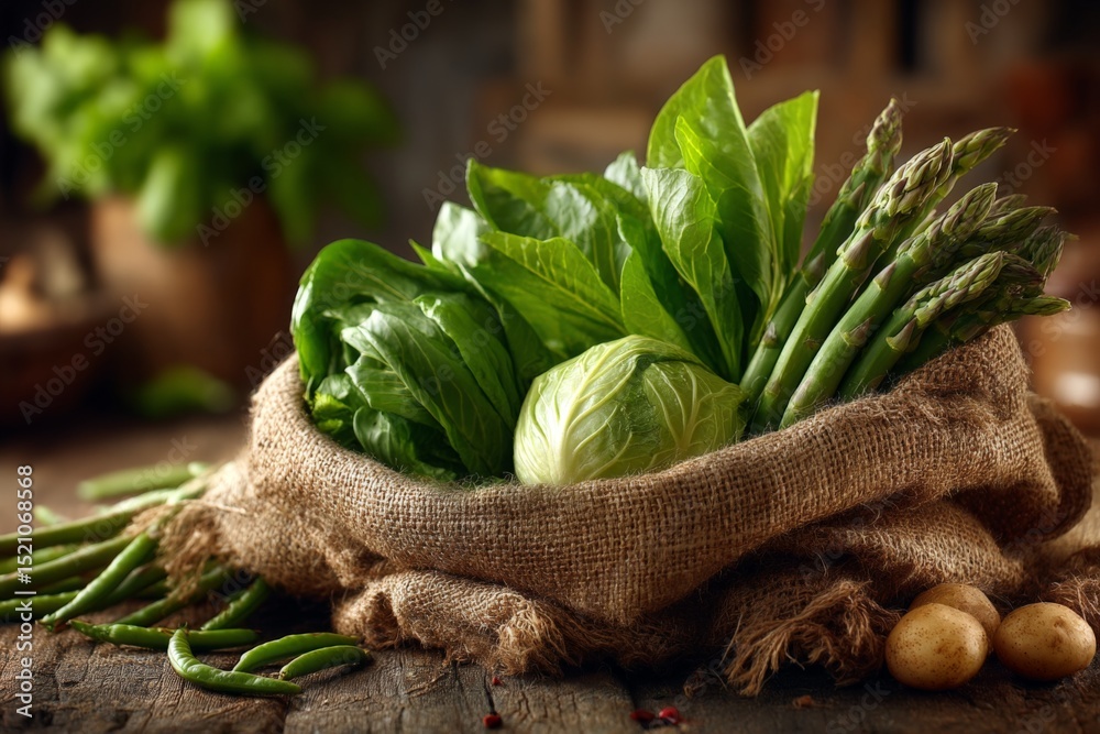 Aufkleber fresh vegetables in a burlap sack arranged against a rustic wooden backdrop in a cozy kitchen settin