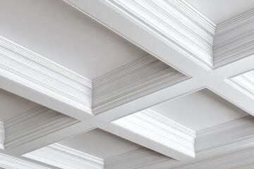 A stunning close-up of a white coffered ceiling that highlights intricate details, depth, and shadows from recessed panels and embellishments.