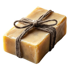 Luxury organic shampoo bar wrapped in biodegradable paper, isolated on transparent background.