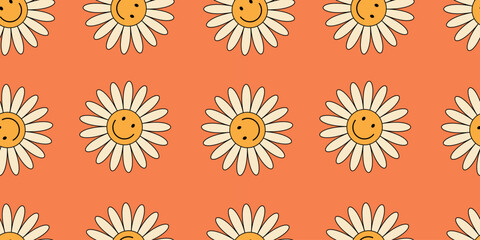 Seamless doodle floral design with smiley face characters. White daisies with smiles on orange background. Kids-themed and fun retro mood for creative use: prints, packaging, social media, stationery
