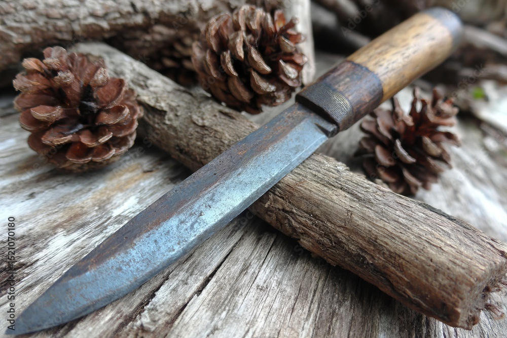 Poster rustic knife resting on wooden logs surrounded by pinecones in natural setting with soft lighting
