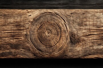 Fototapeta premium A close-up of an old, weathered wooden plank with a prominent knot and grain, showcasing rustic textures and earthy tones for background or design element use.