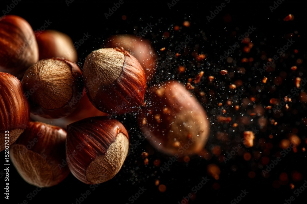 Aufkleber Hazelnuts burst in a dynamic display of flavor and texture on a dark background during culinary preparation