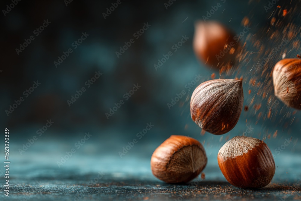 Aufkleber hazelnuts falling onto a textured surface with dust particles in the air during a still life composi