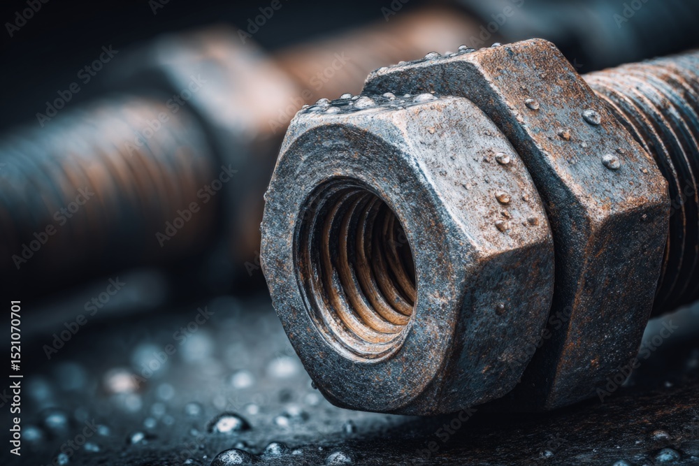 Poster close-up of rusty metal nuts and bolts on a damp surface showcasing texture and details
