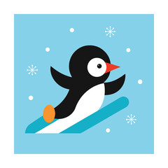Penguin Sliding on Ice with Snowflakes Card Design