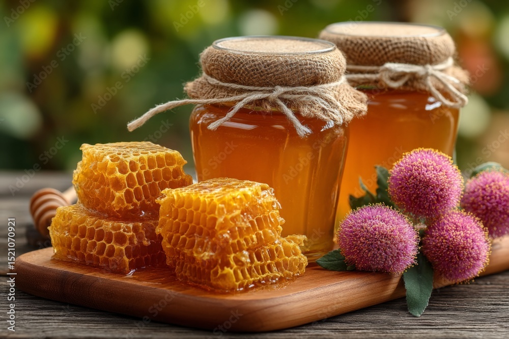 Aufkleber jars of golden honey with honeycomb and flowers on rustic wooden table in a natural setting