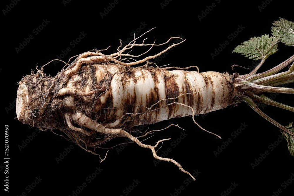 Poster Parsnip with intricate root system displayed against a black background highlighting its natural details and textures