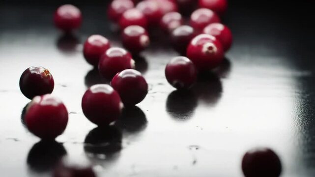 Cranberries On Black Surface Showing Reflections And Minimalistic Setup