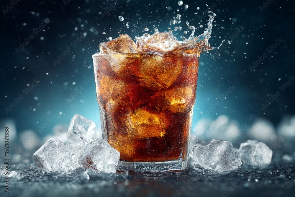 Aufkleber freshly poured drink with ice creating splashes in a glass against a dark background